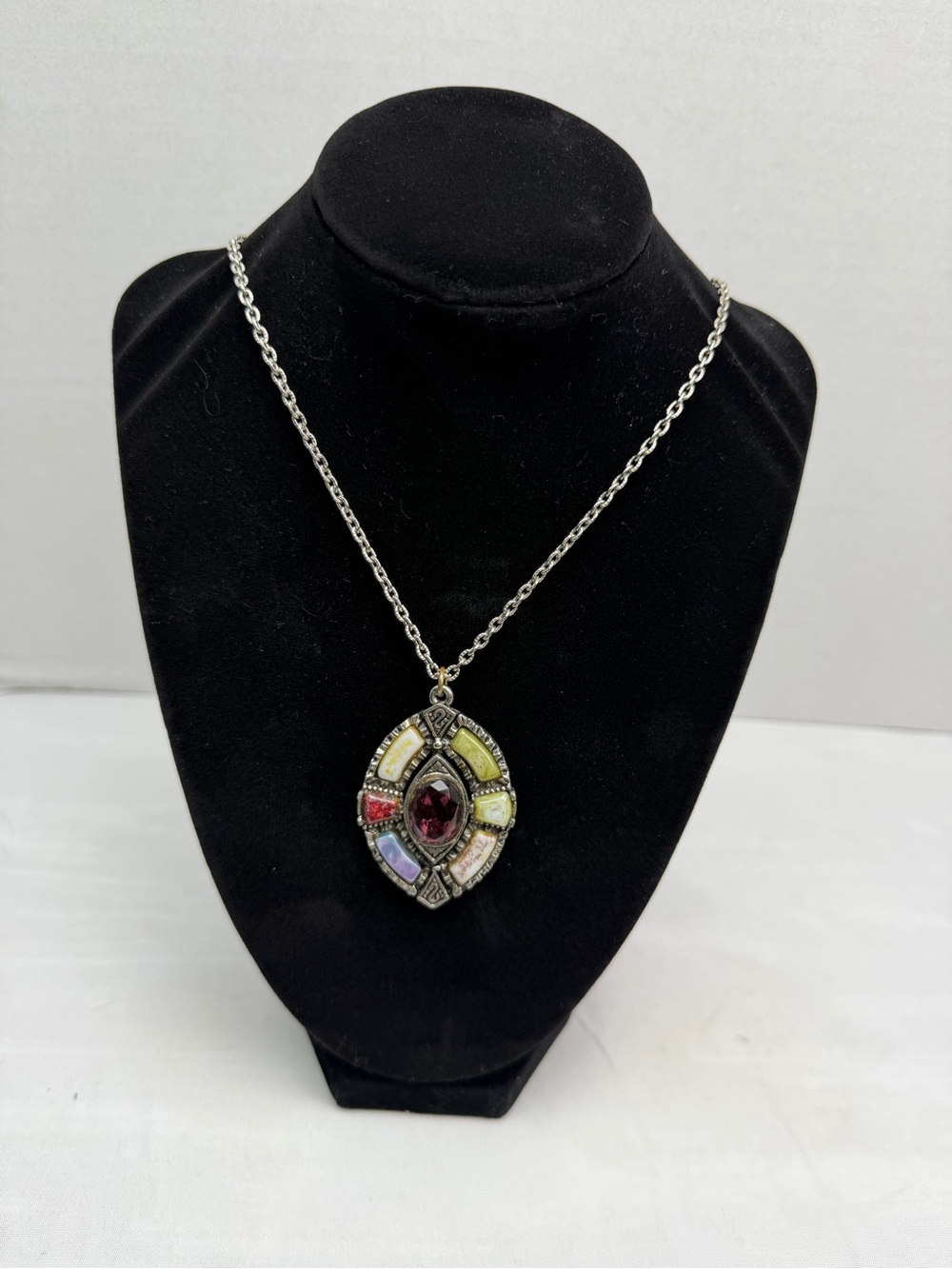 Southwestern Inlay Pendant Necklace Multicolor Mosaic Gemstone Boho Vintage